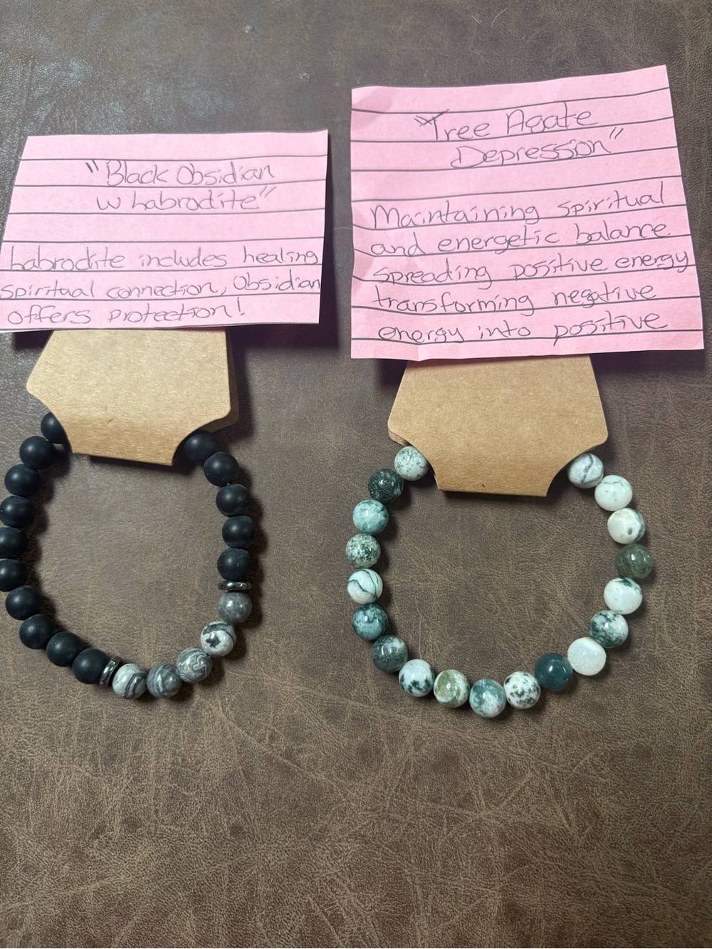 Black Obsidian & Tree Agate Beaded Stretch Bracelet Set